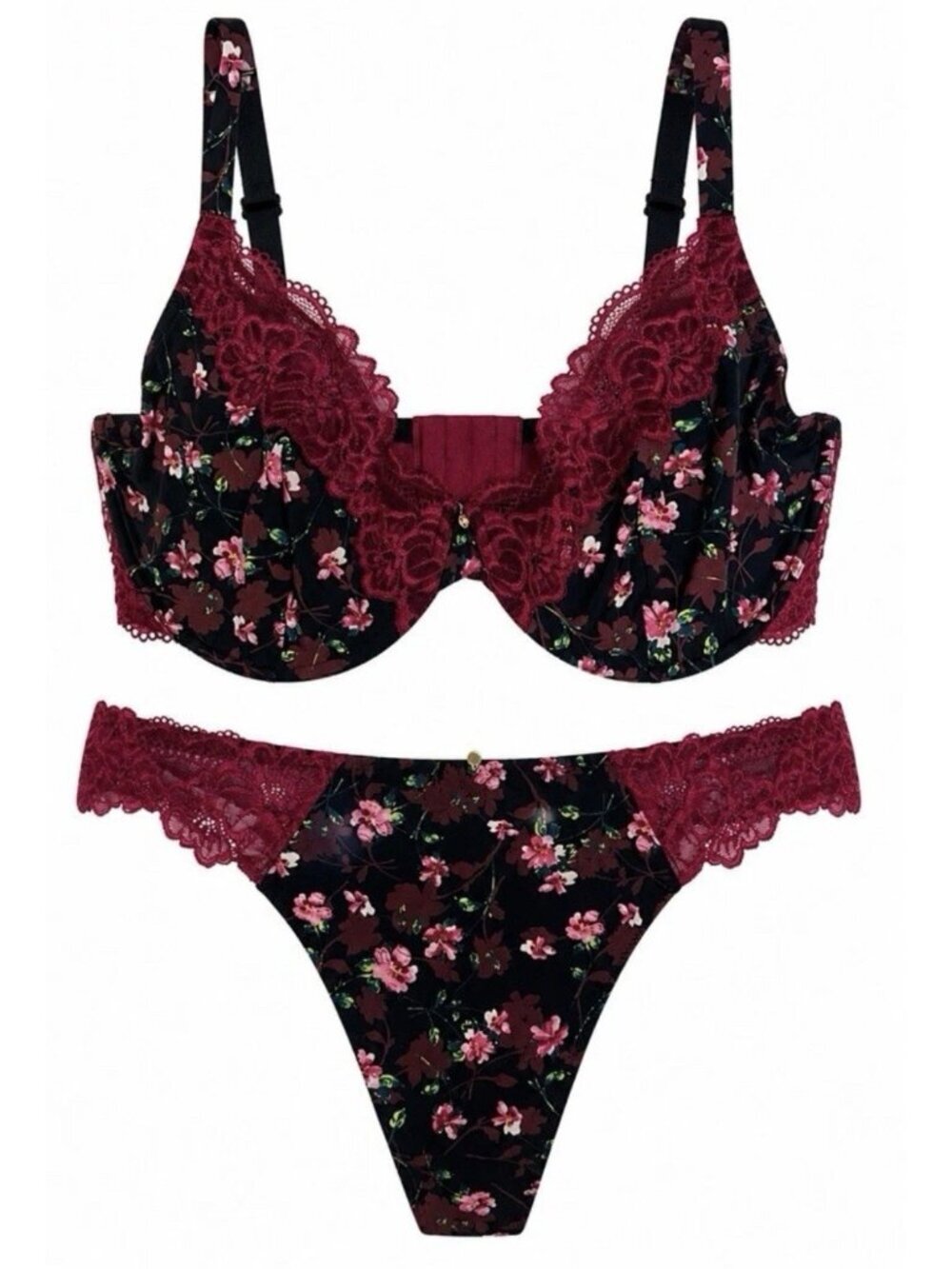 Adore Me Bra & Panty Set 40C Lace Bra + Lace Thong XL Burgundy Black Floral NWT